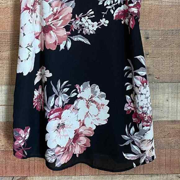 Socialite Mini Slip Dress Tunic Top Black Floral Spaghetti Straps Keyhole Neck - Picture 3 of 6